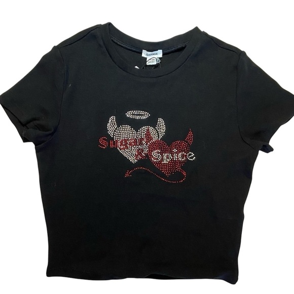 Garage Tops - Garage Y2K Cropped Rhinestone Baby Tee Sugar & Spice Angel & Devil Black XS NEW